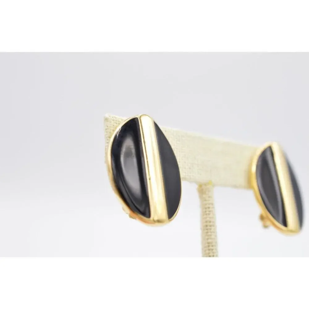 Swarovski Vintage Clip On Earrings Gold Black Enamel Chunky D.S. Co Signed BinAB